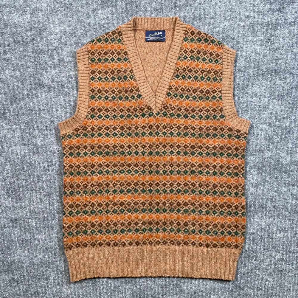Puritan Mens Brown Fair Isle Wool Blend V-Neck Sweater Vest Large USA Vintage